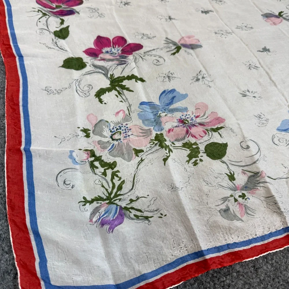 Vintage Floral Handkerchief Scarf White Pink Blue Anemone Flower Red Blue Border